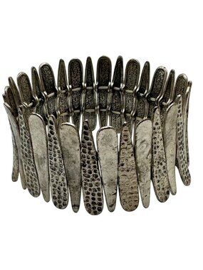 Boho Tribal Stretch Wristband Bracelet Silver Tone Modernist Coastal Statement